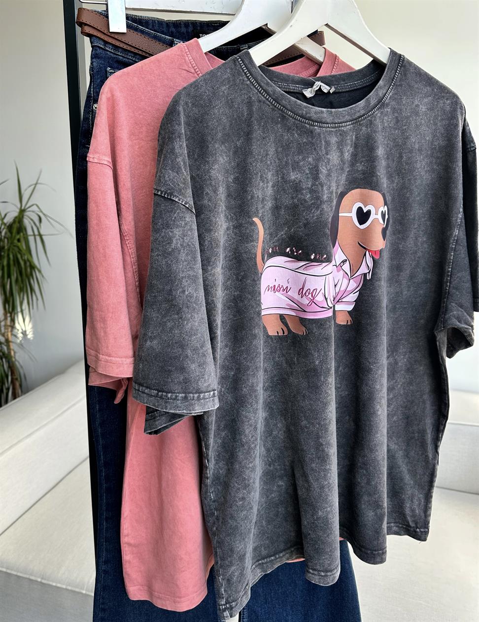 Taş Yıkamalı Mini Dog Baskılı Oversize Tişört Antrasit