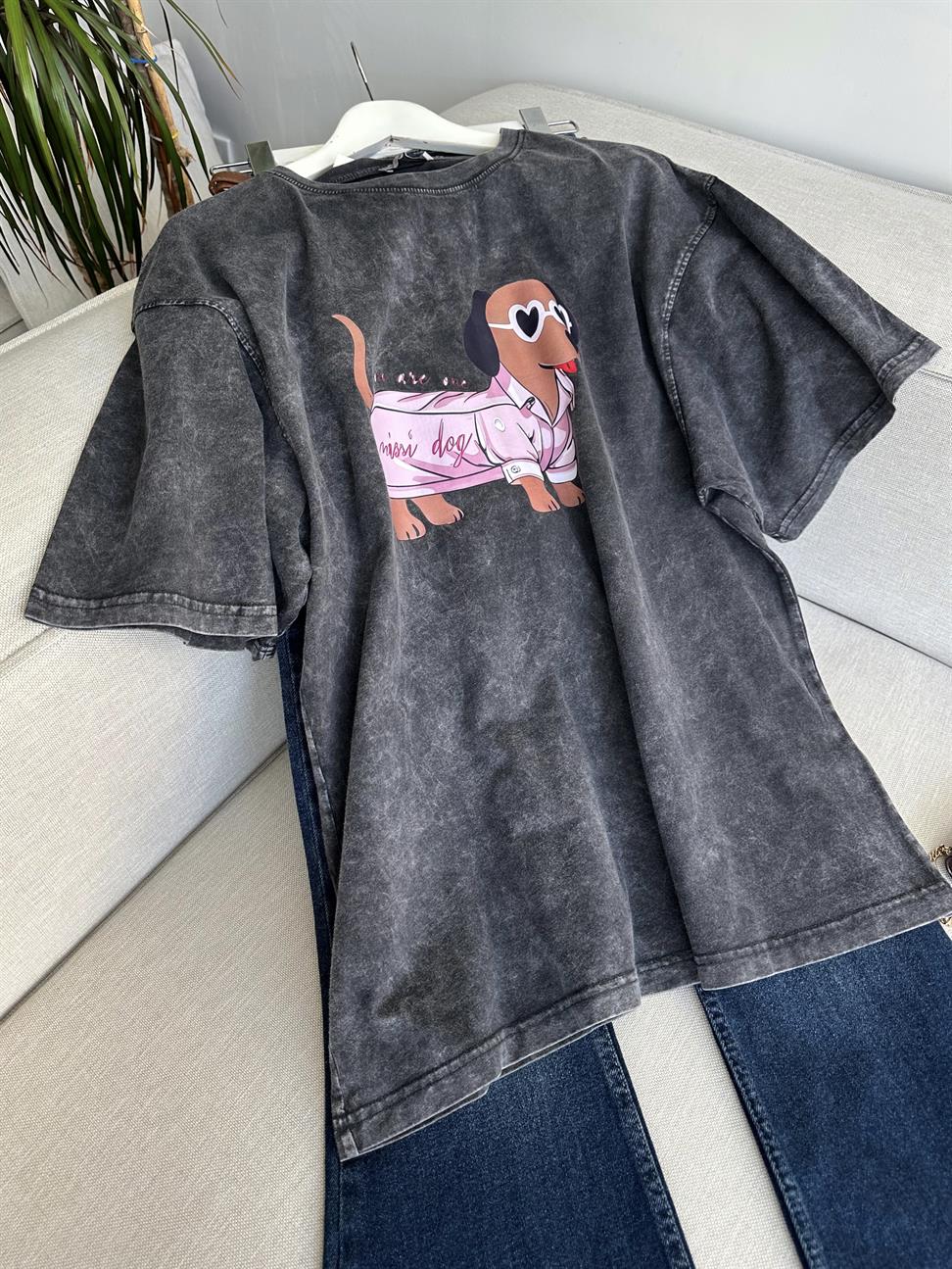 Taş Yıkamalı Mini Dog Baskılı Oversize Tişört Antrasit