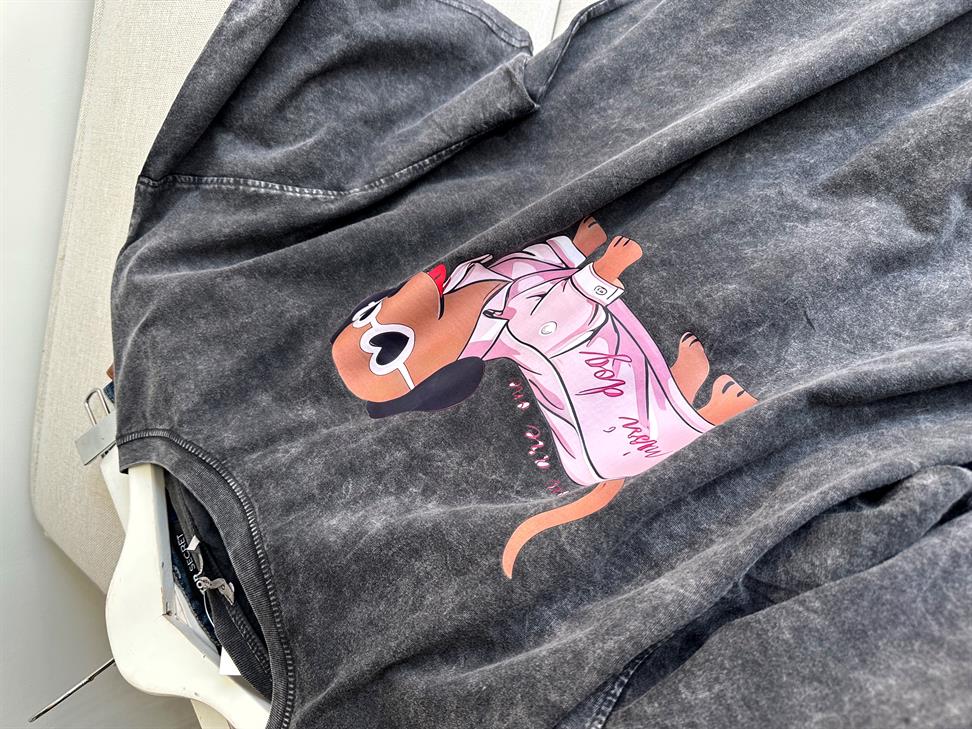 Taş Yıkamalı Mini Dog Baskılı Oversize Tişört Antrasit