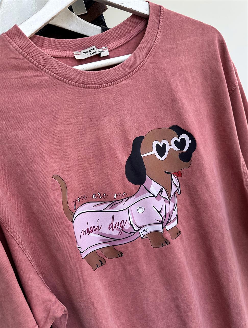 Taş Yıkamalı Mini Dog Baskılı Oversize Tişört Pudra Pembe