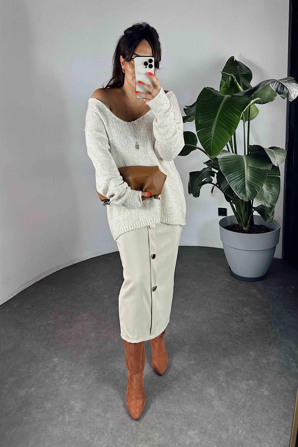 Tasarım Düğme Detaylı Ottoman Kumaş Kadın Etek Taş