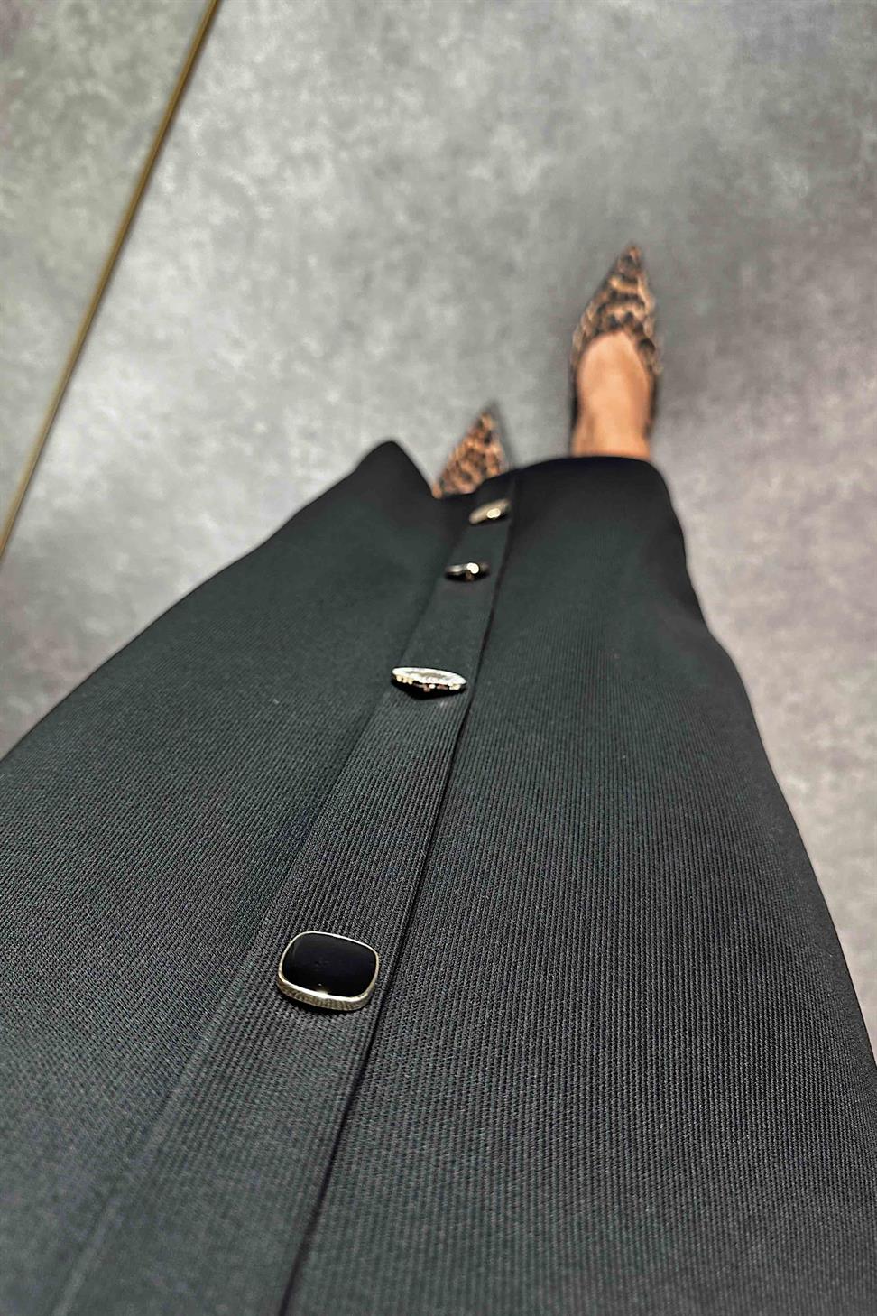 Tasarım Düğme Detaylı Ottoman Kumaş Kadın Etek Siyah