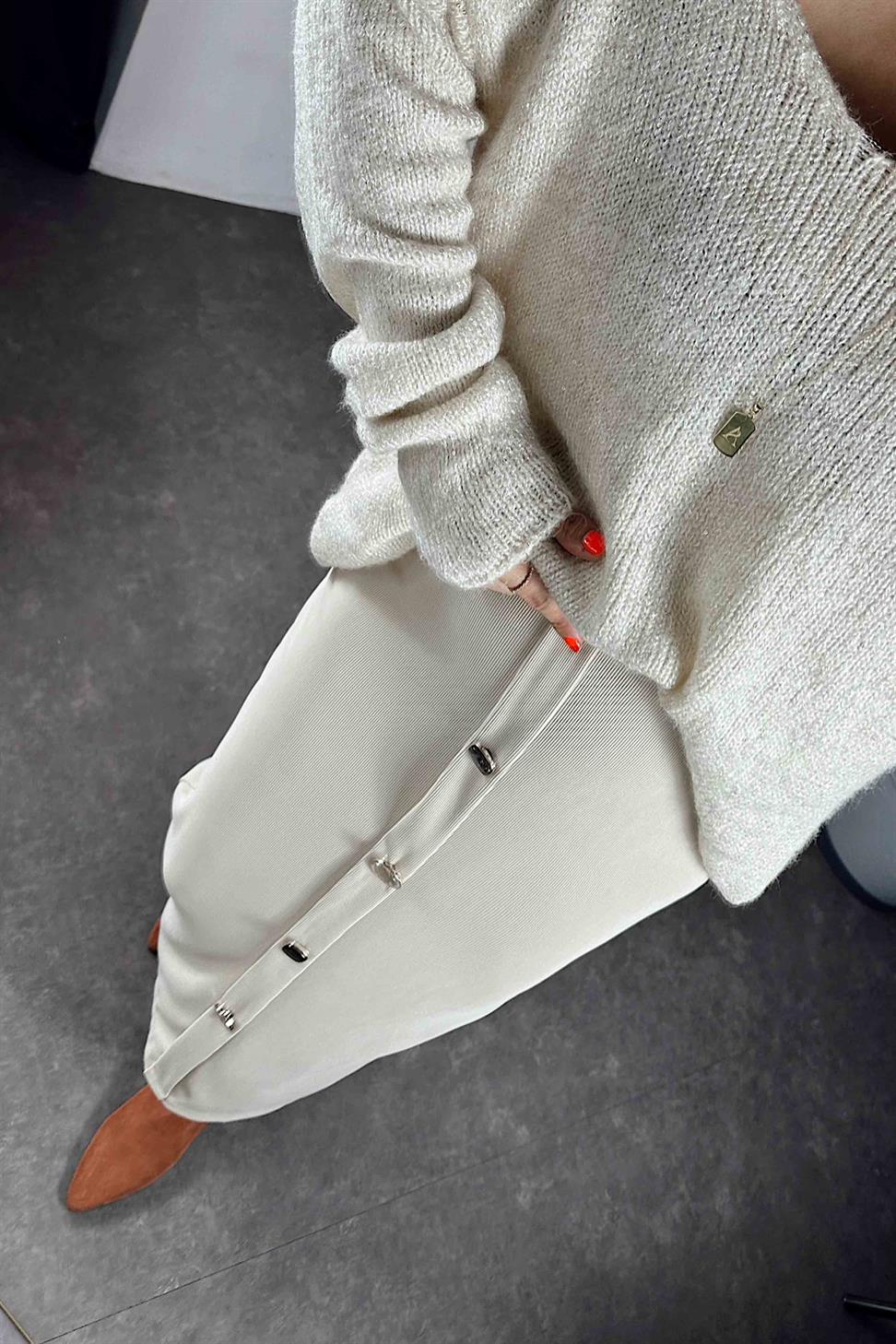 Tasarım Düğme Detaylı Ottoman Kumaş Kadın Etek Taş