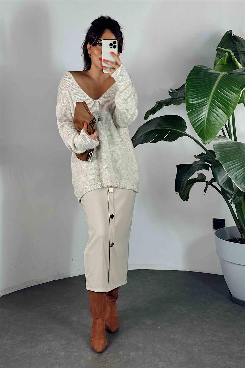 Tasarım Düğme Detaylı Ottoman Kumaş Kadın Etek Taş