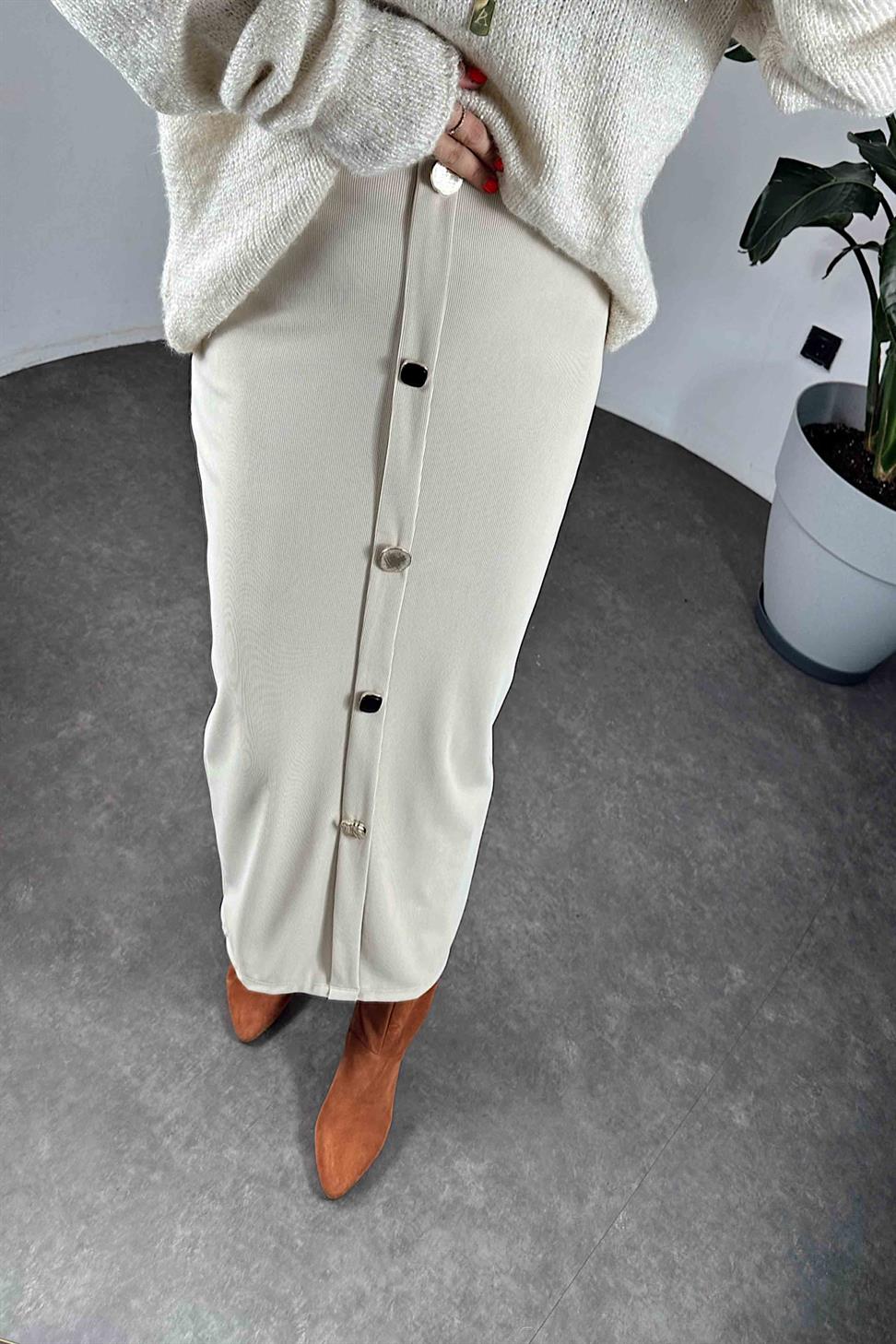 Tasarım Düğme Detaylı Ottoman Kumaş Kadın Etek Taş