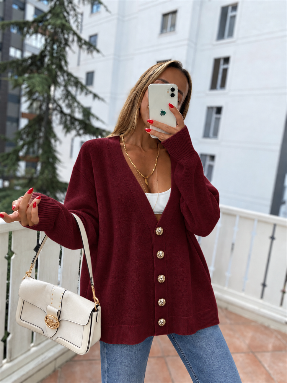 Tasarım Düğmeli Parla Triko Hırka Bordo