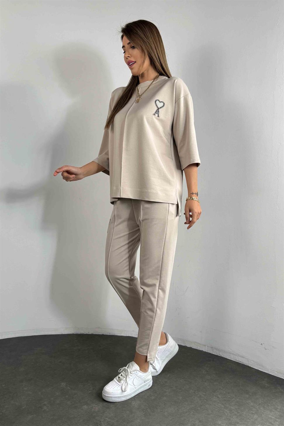 Taşlı Tasarım İkili Eşofman Takım Bej