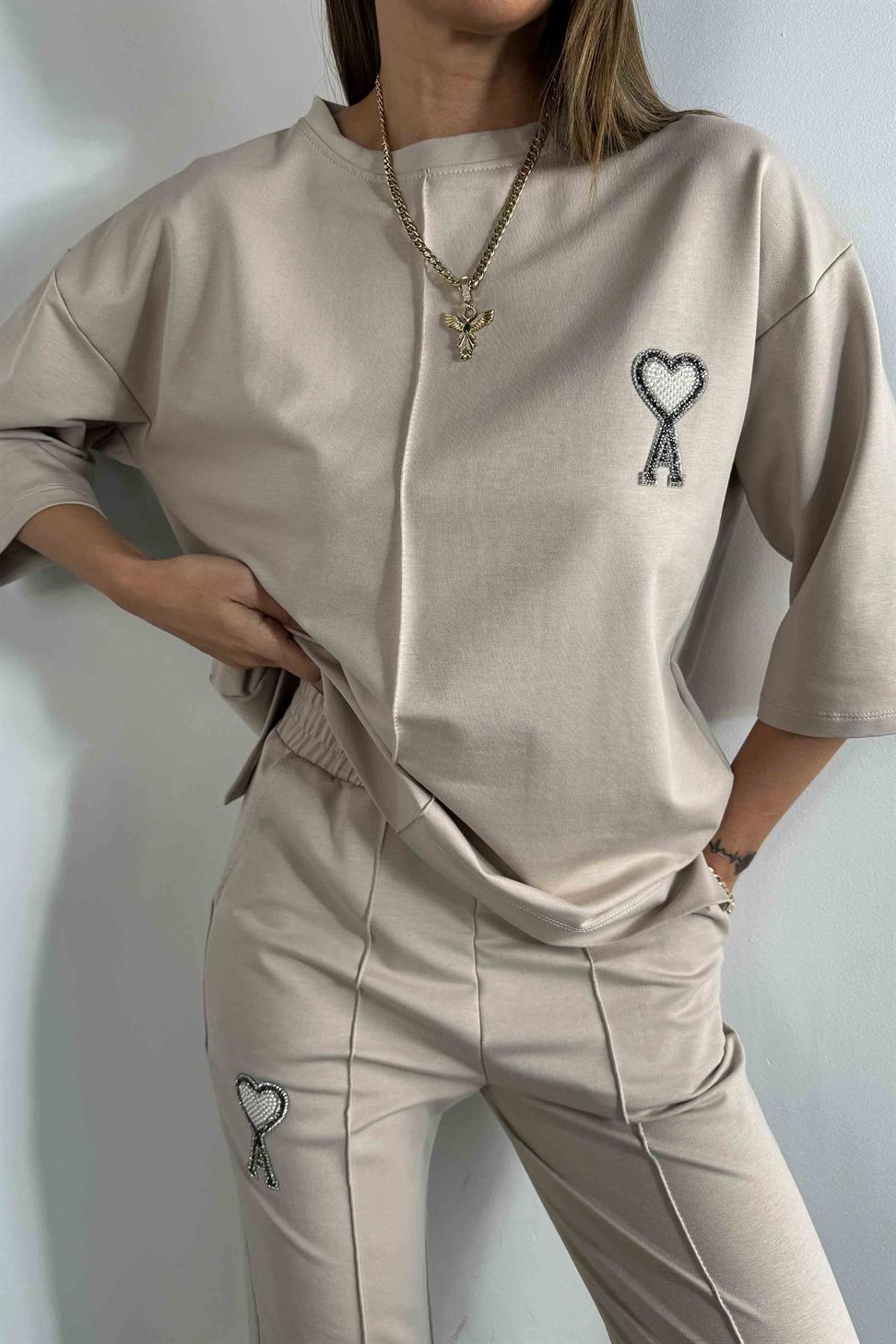 Taşlı Tasarım İkili Eşofman Takım Bej