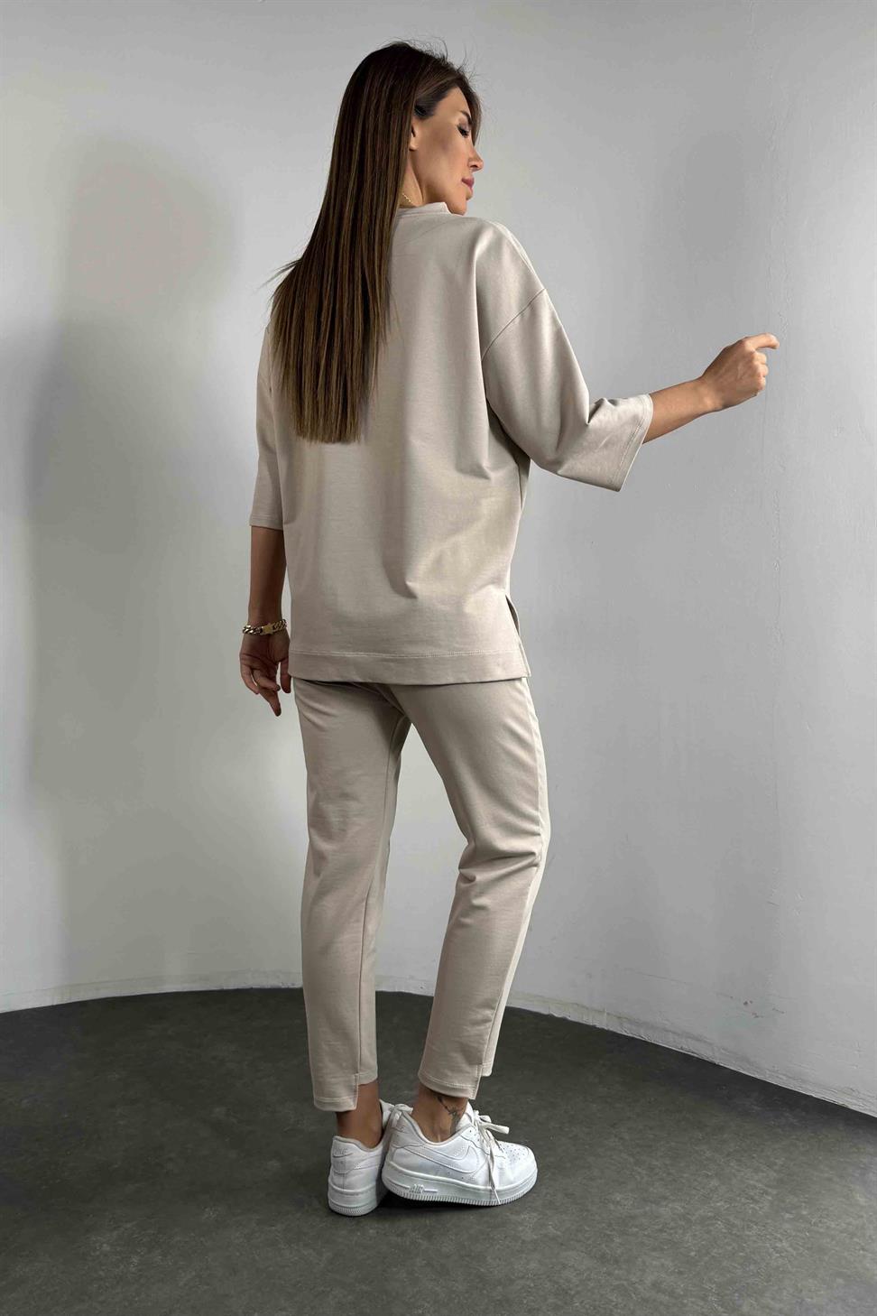 Taşlı Tasarım İkili Eşofman Takım Bej