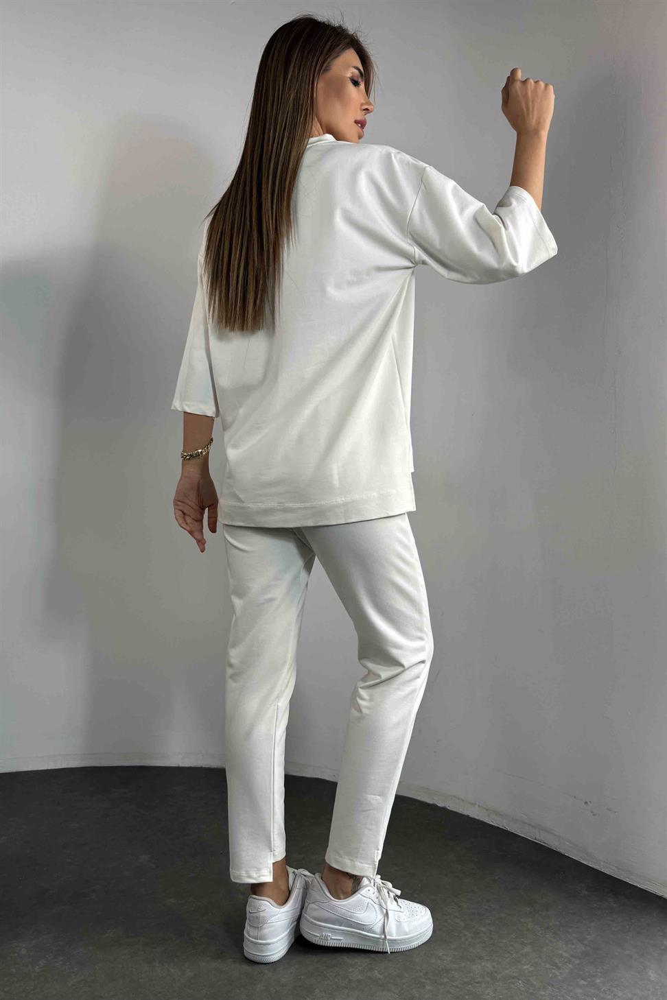 Taşlı Tasarım İkili Eşofman Takım Ekru