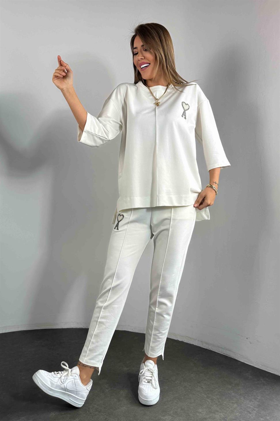 Taşlı Tasarım İkili Eşofman Takım Ekru