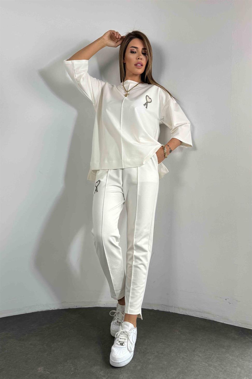 Taşlı Tasarım İkili Eşofman Takım Ekru