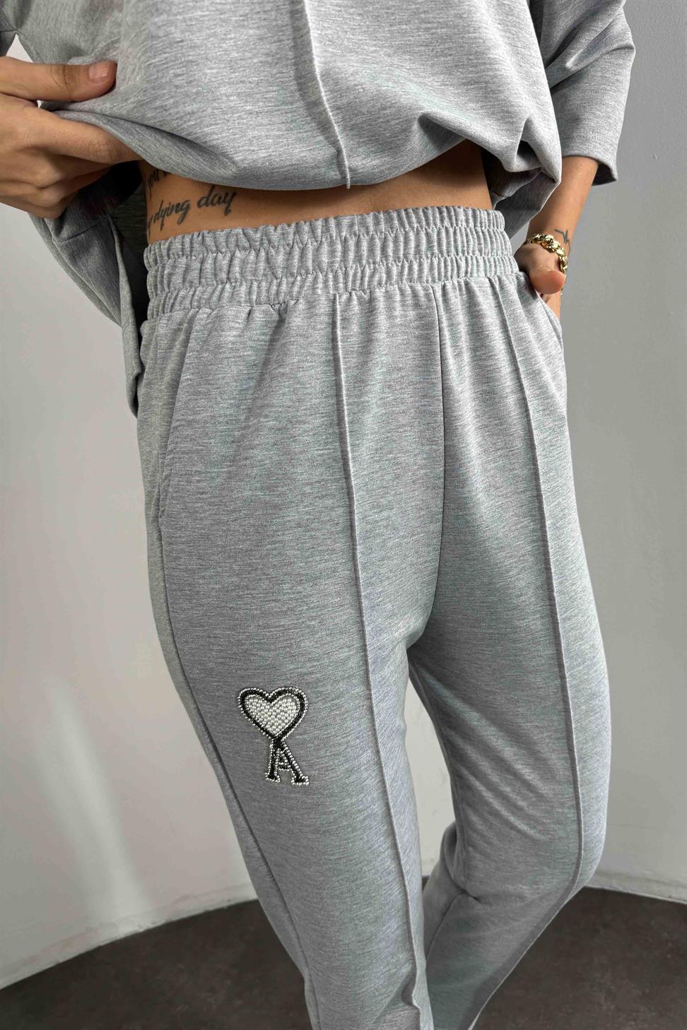 Taşlı Tasarım İkili Eşofman Takım Gri