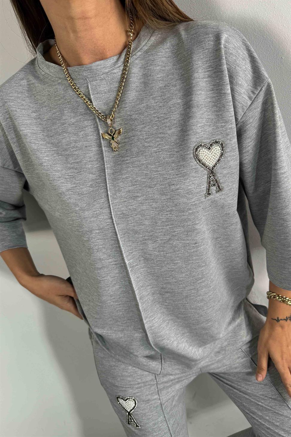 Taşlı Tasarım İkili Eşofman Takım Gri