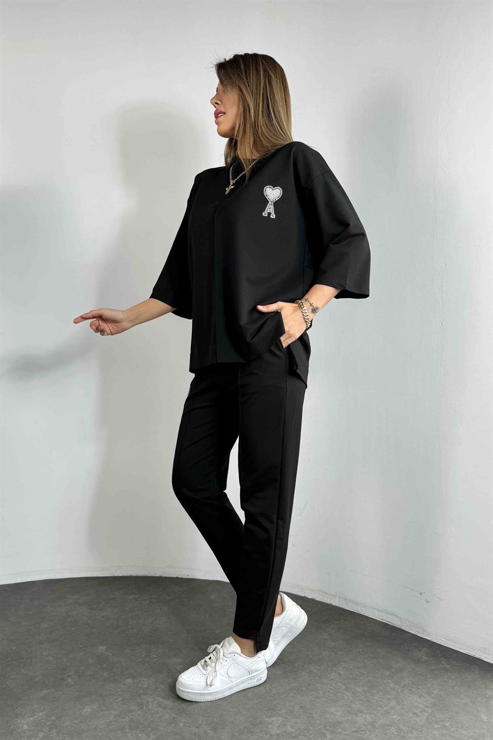 Taşlı Tasarım İkili Eşofman Takım Siyah