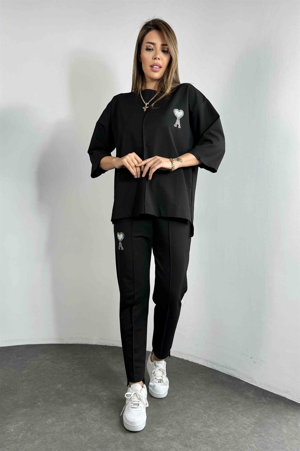 Taşlı Tasarım İkili Eşofman Takım Siyah