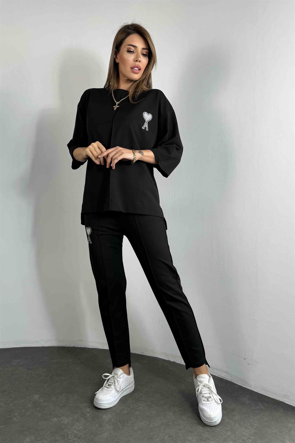 Taşlı Tasarım İkili Eşofman Takım Siyah