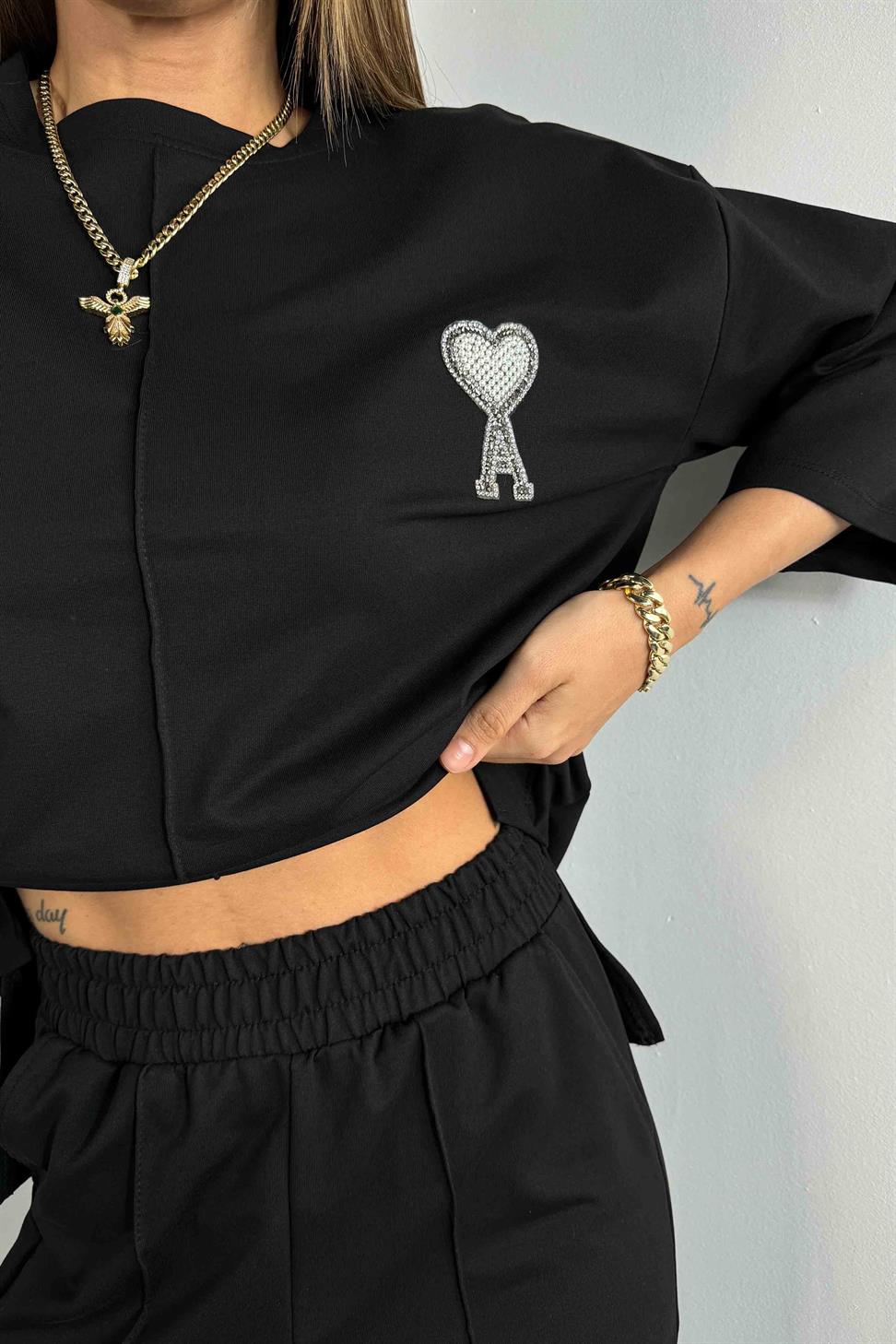 Taşlı Tasarım İkili Eşofman Takım Siyah