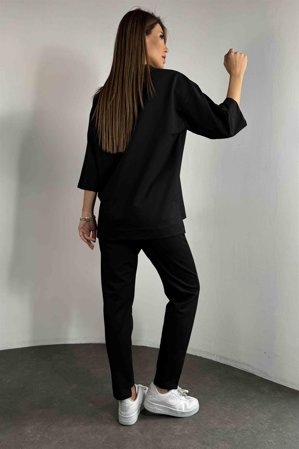 Taşlı Tasarım İkili Eşofman Takım Siyah