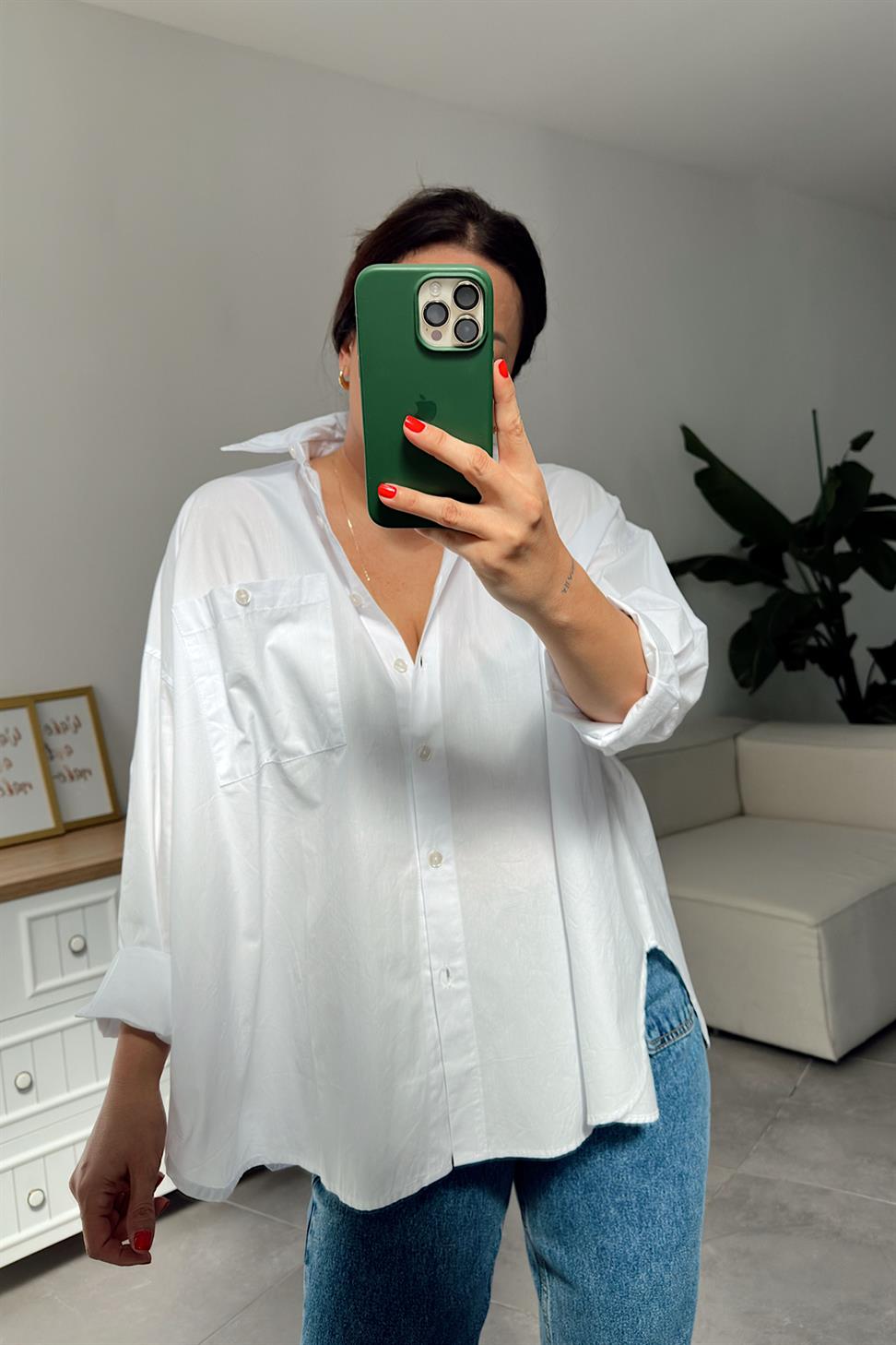 Tek Cepli Oversize Basic Gömlek Beyaz