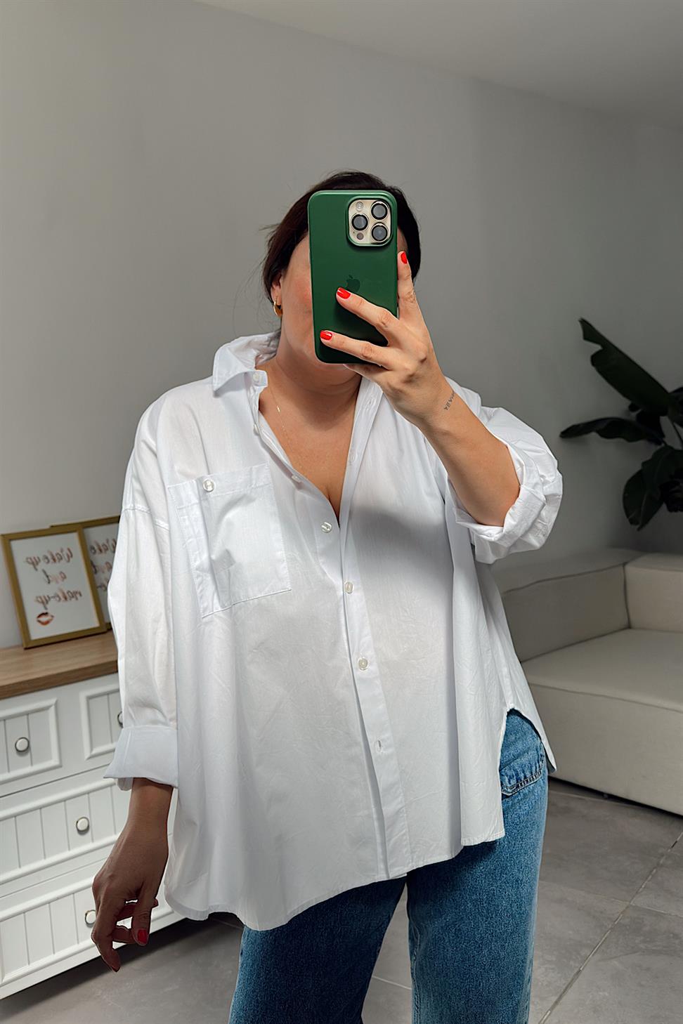 Tek Cepli Oversize Basic Gömlek Beyaz