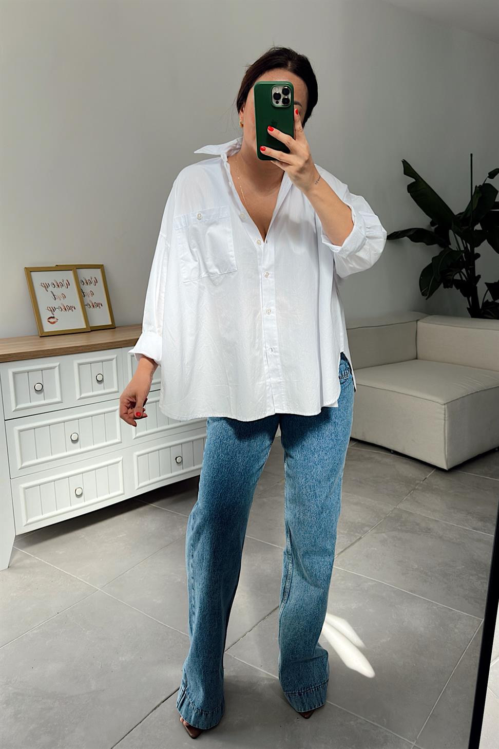 Tek Cepli Oversize Basic Gömlek Beyaz