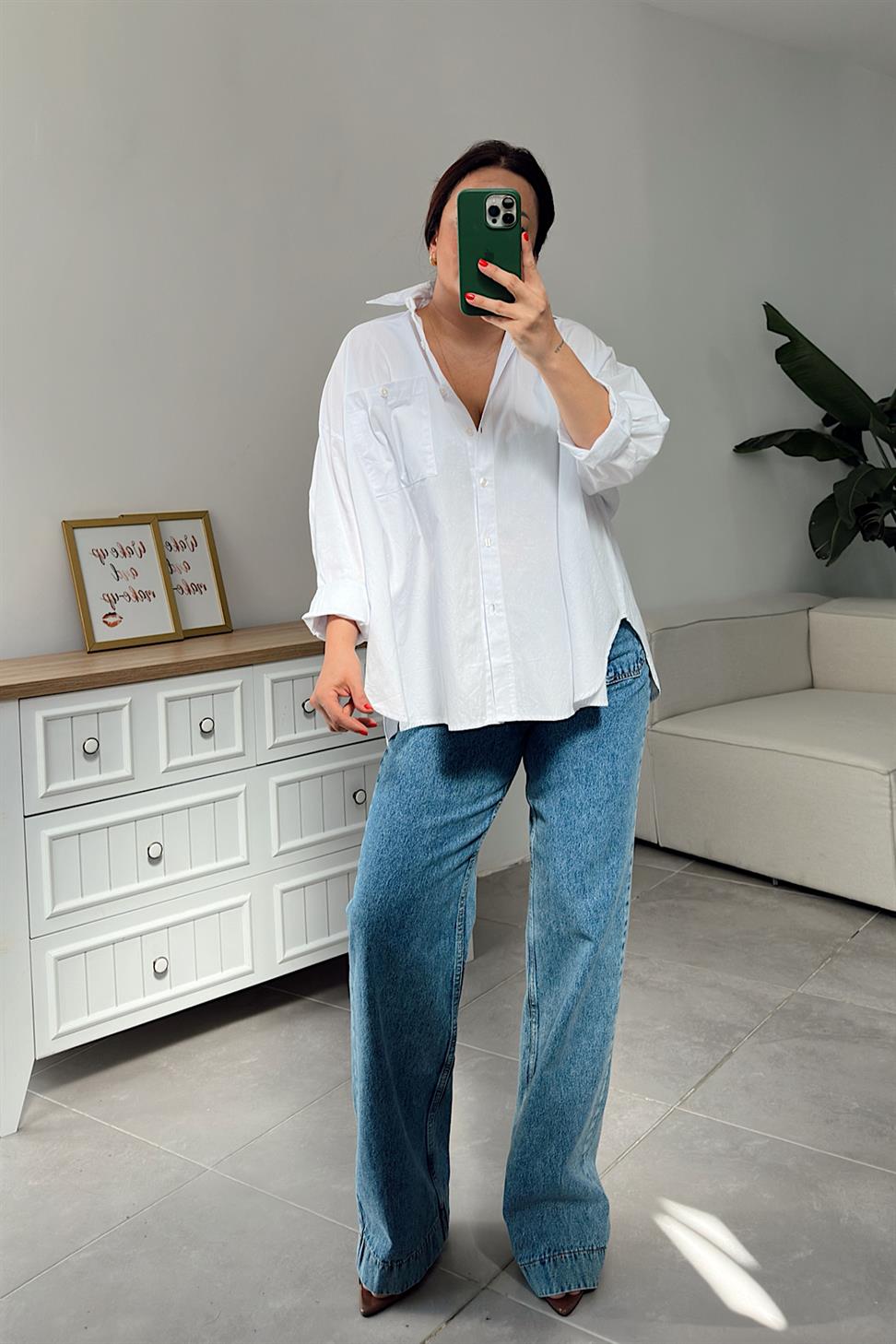 Tek Cepli Oversize Basic Gömlek Beyaz