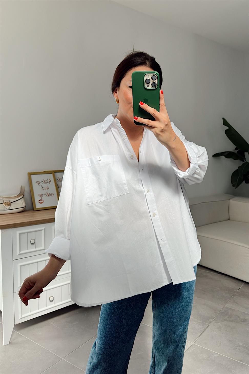 Tek Cepli Oversize Basic Gömlek Beyaz