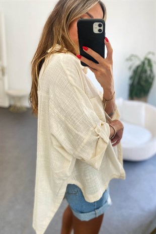 Tek Cepli Oversize Keten Gömlek Krem