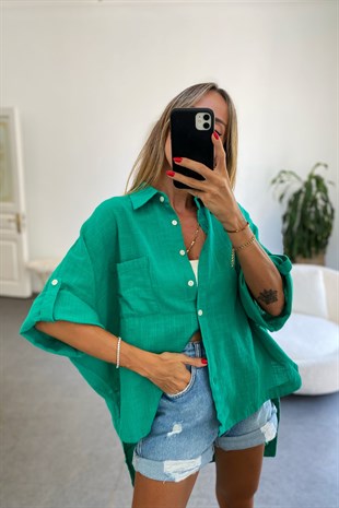 Tek Cepli Oversize Keten Gömlek Petrol Yeşili