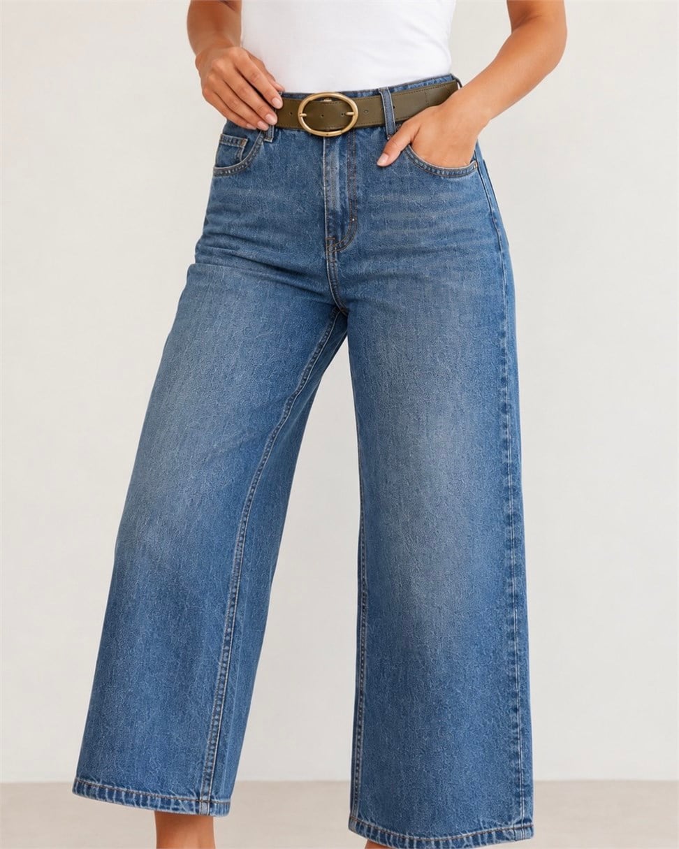 Tensel Karışımlı Kemerli Culotte Jean MAVİ