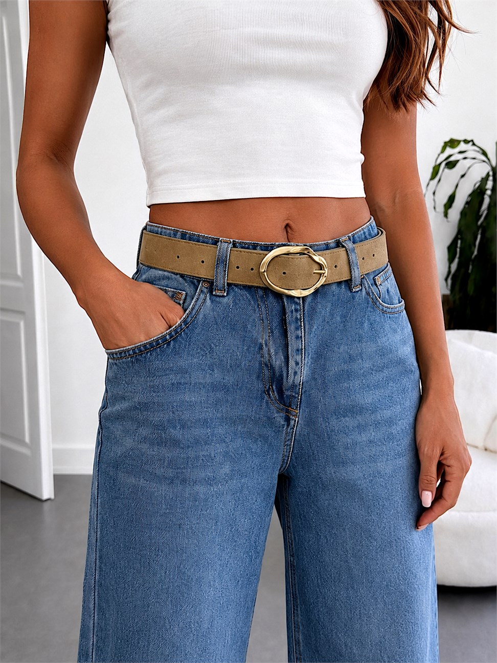 Tensel Karışımlı Kemerli Culotte Jean MAVİ