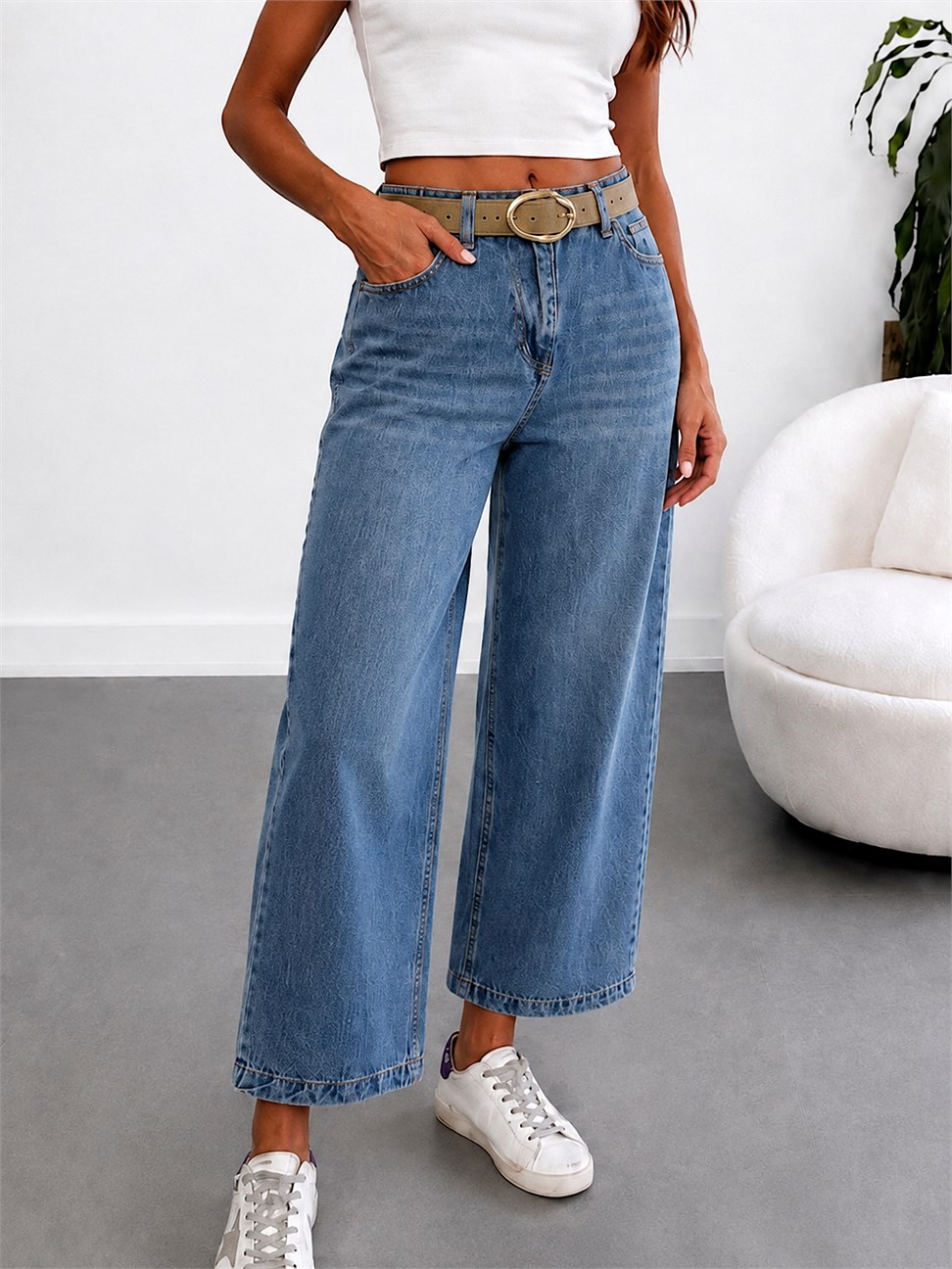 Tensel Karışımlı Kemerli Culotte Jean MAVİ