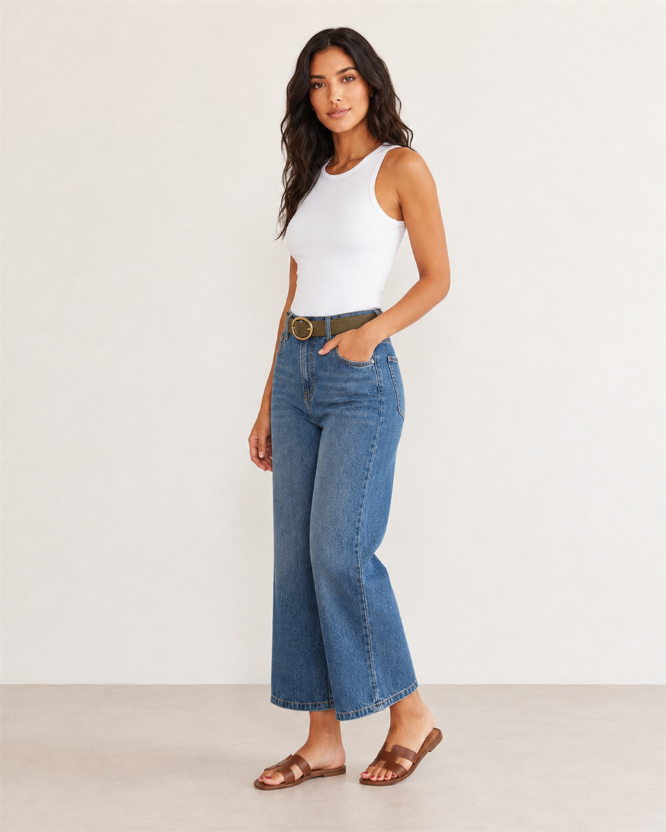 Tensel Karışımlı Kemerli Culotte Jean MAVİ