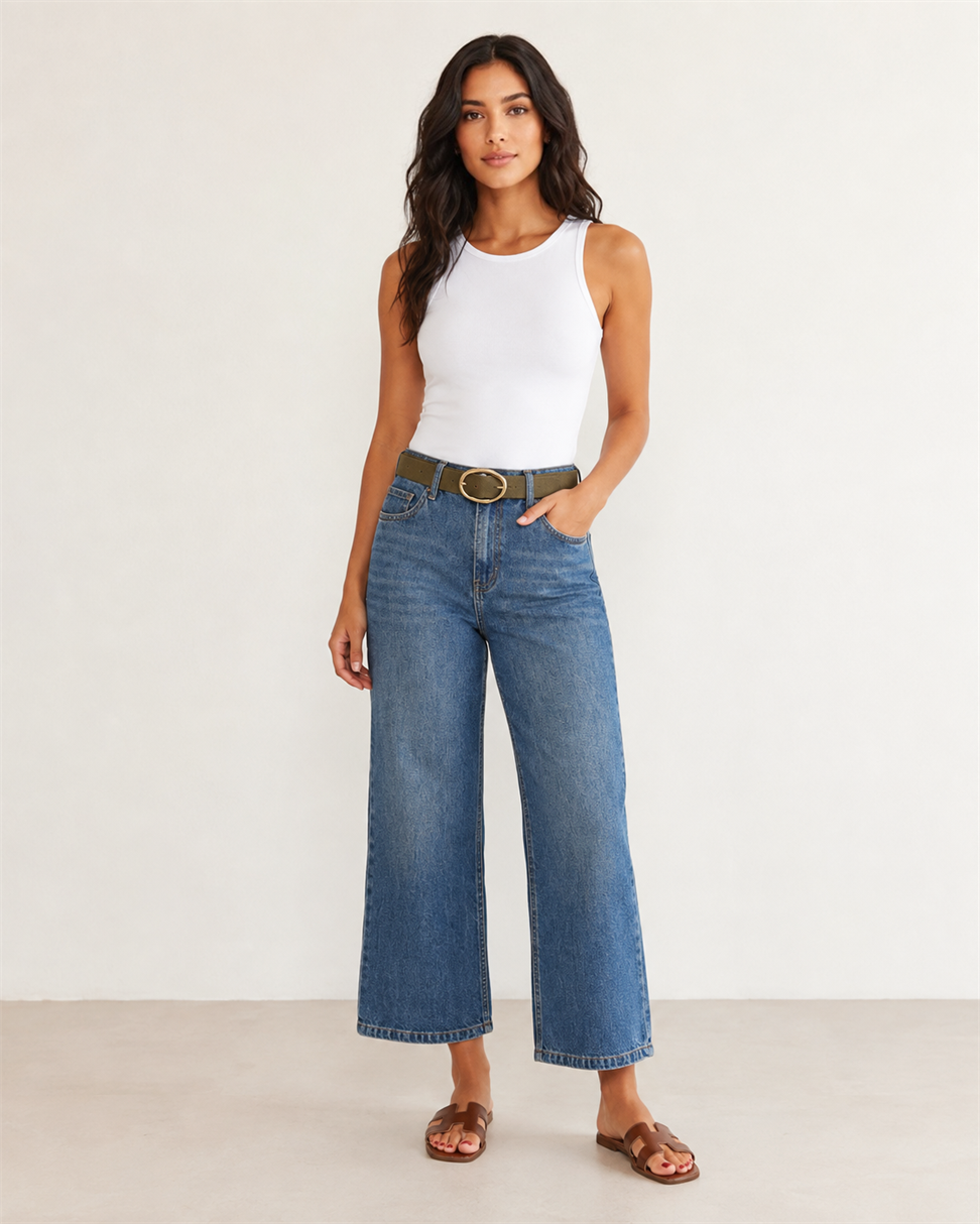 Tensel Karışımlı Kemerli Culotte Jean MAVİ