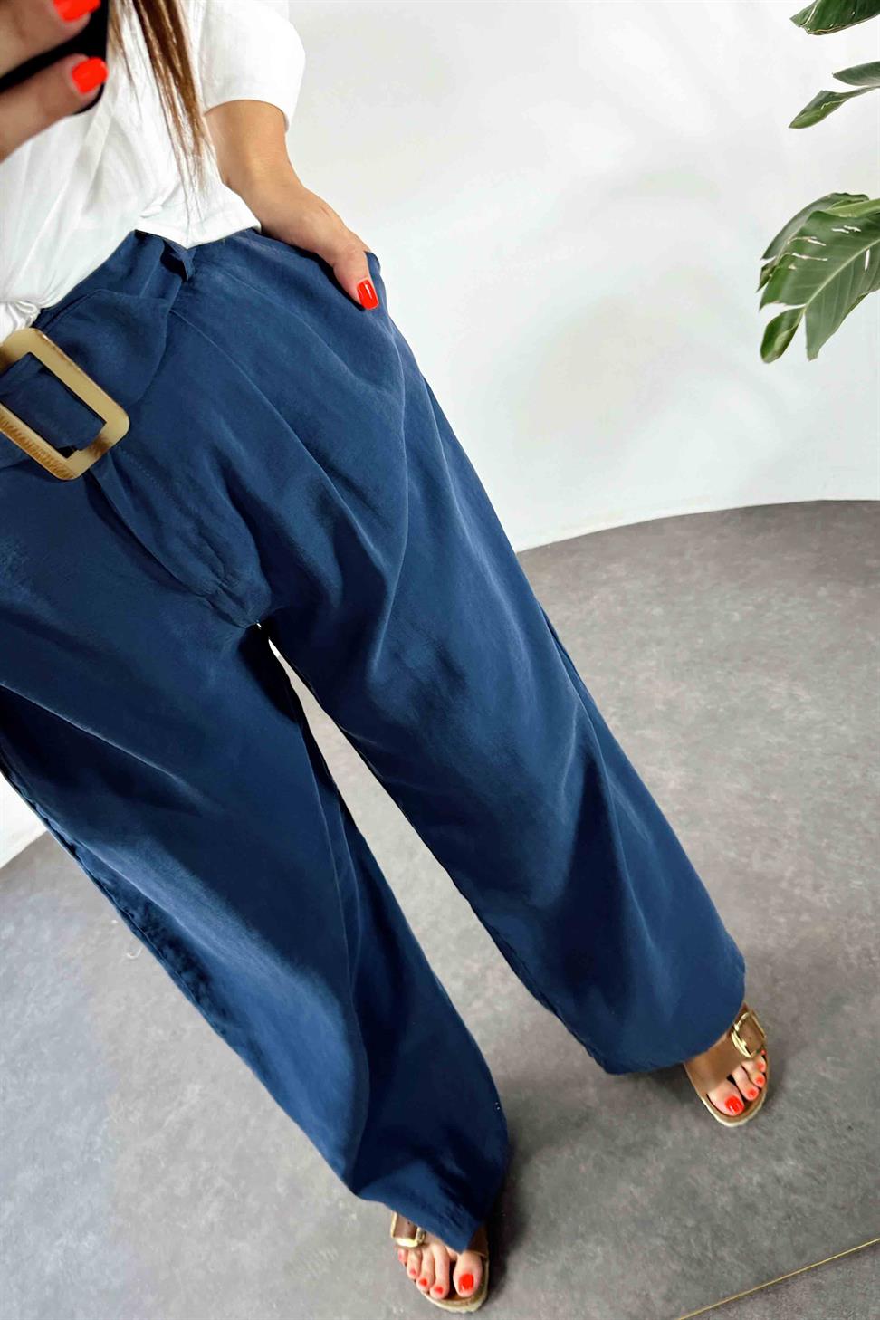 Tensel Kumaş Kendinden Kemerli Pantolon İndigo Mavisi