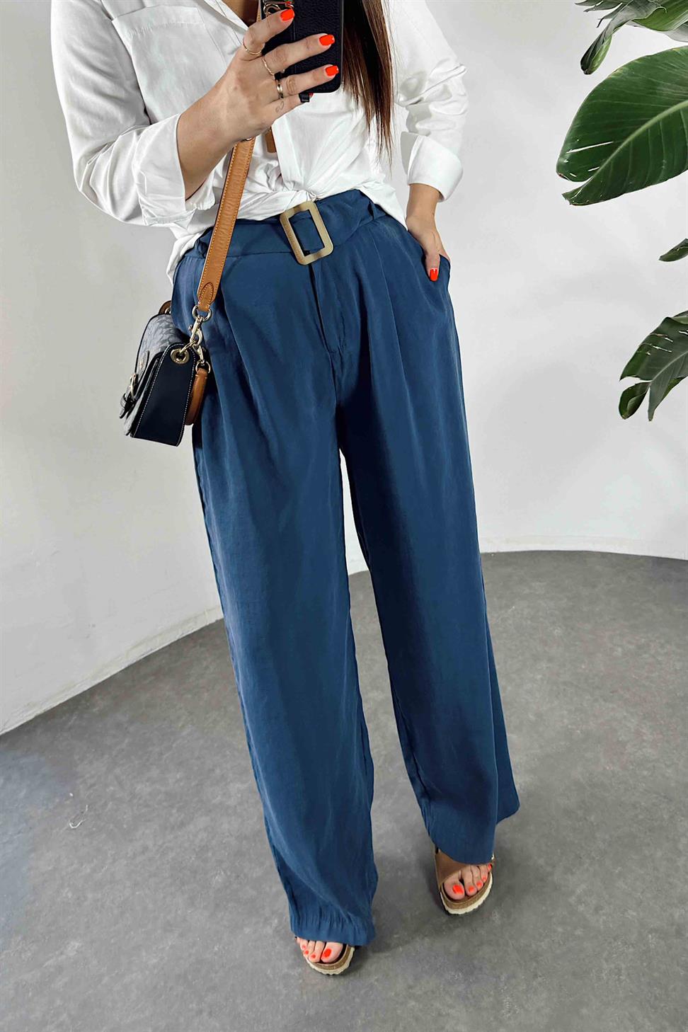 Tensel Kumaş Kendinden Kemerli Pantolon İndigo Mavisi