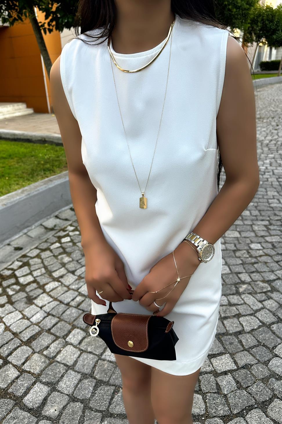 Ters Dikiş Detay Basic Mini Elbise Beyaz