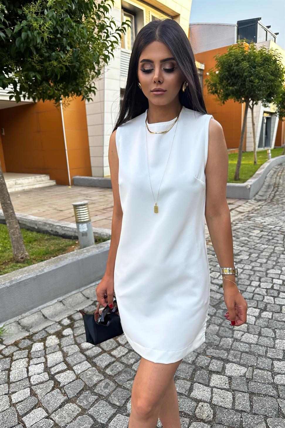 Ters Dikiş Detay Basic Mini Elbise Beyaz