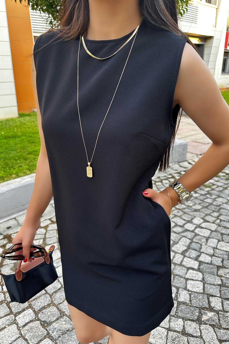 Ters Dikiş Detay Basic Mini Elbise Siyah