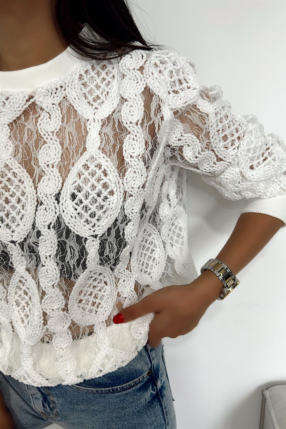Transparan Örme Tasarım Triko Bluz Beyaz