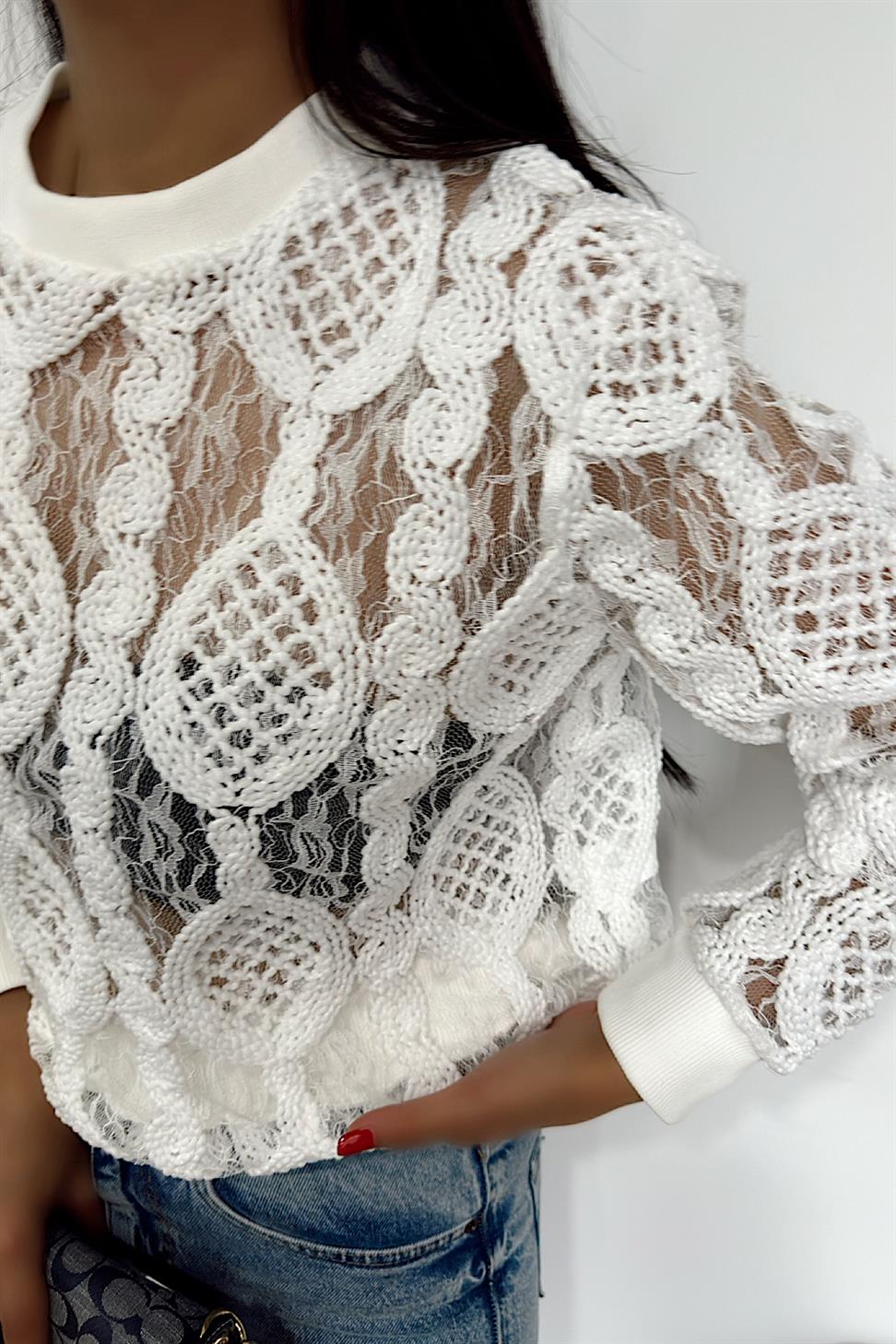 Transparan Örme Tasarım Triko Bluz Beyaz