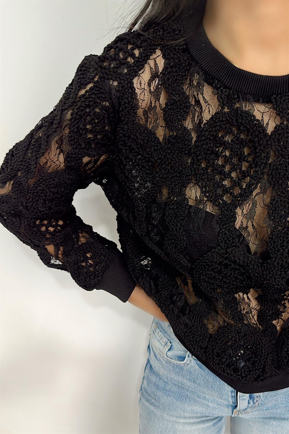 Transparan Örme Tasarım Triko Bluz Siyah