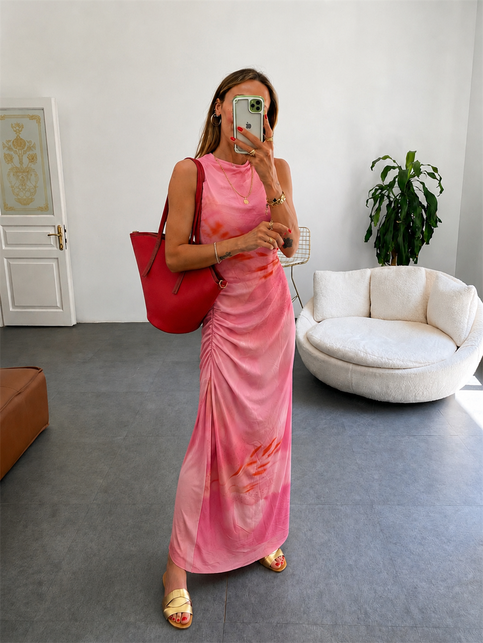 Tül detaylı maxi rose elbise somon