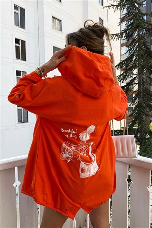 Turuncu Naturel Beautiful Day Yazı Figürlü Oversize Ceket