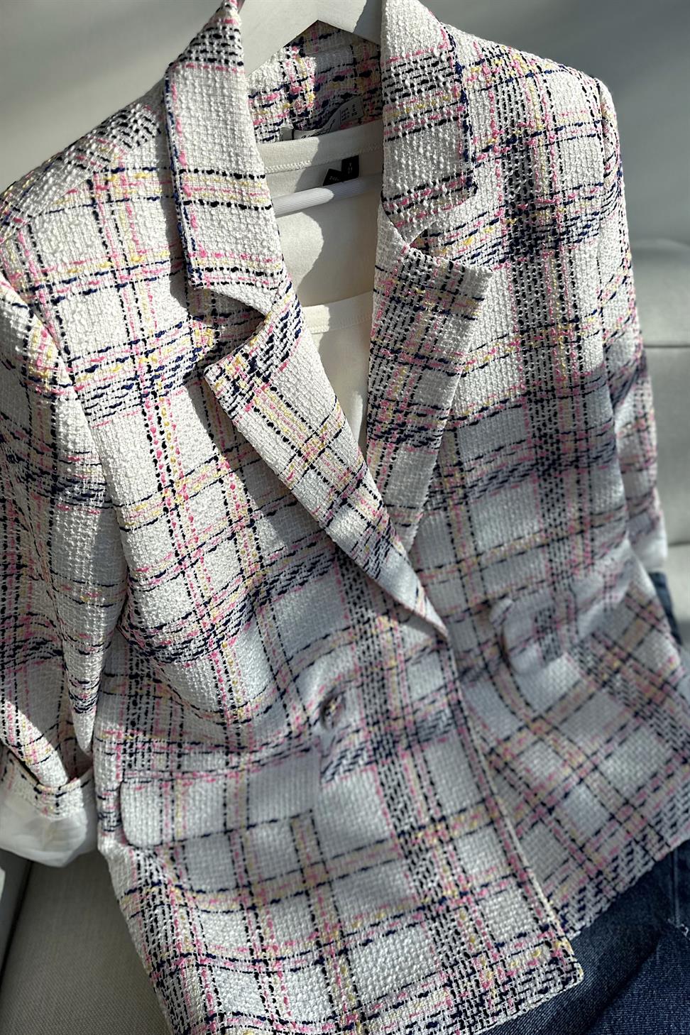 Tüvit Kumaş Saten Astarlı Blazer Ceket Ekru