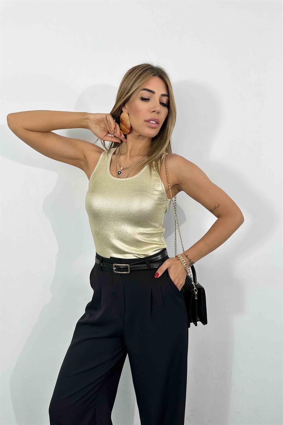 U Yaka Varak Detay Fitilli Bluz Gold