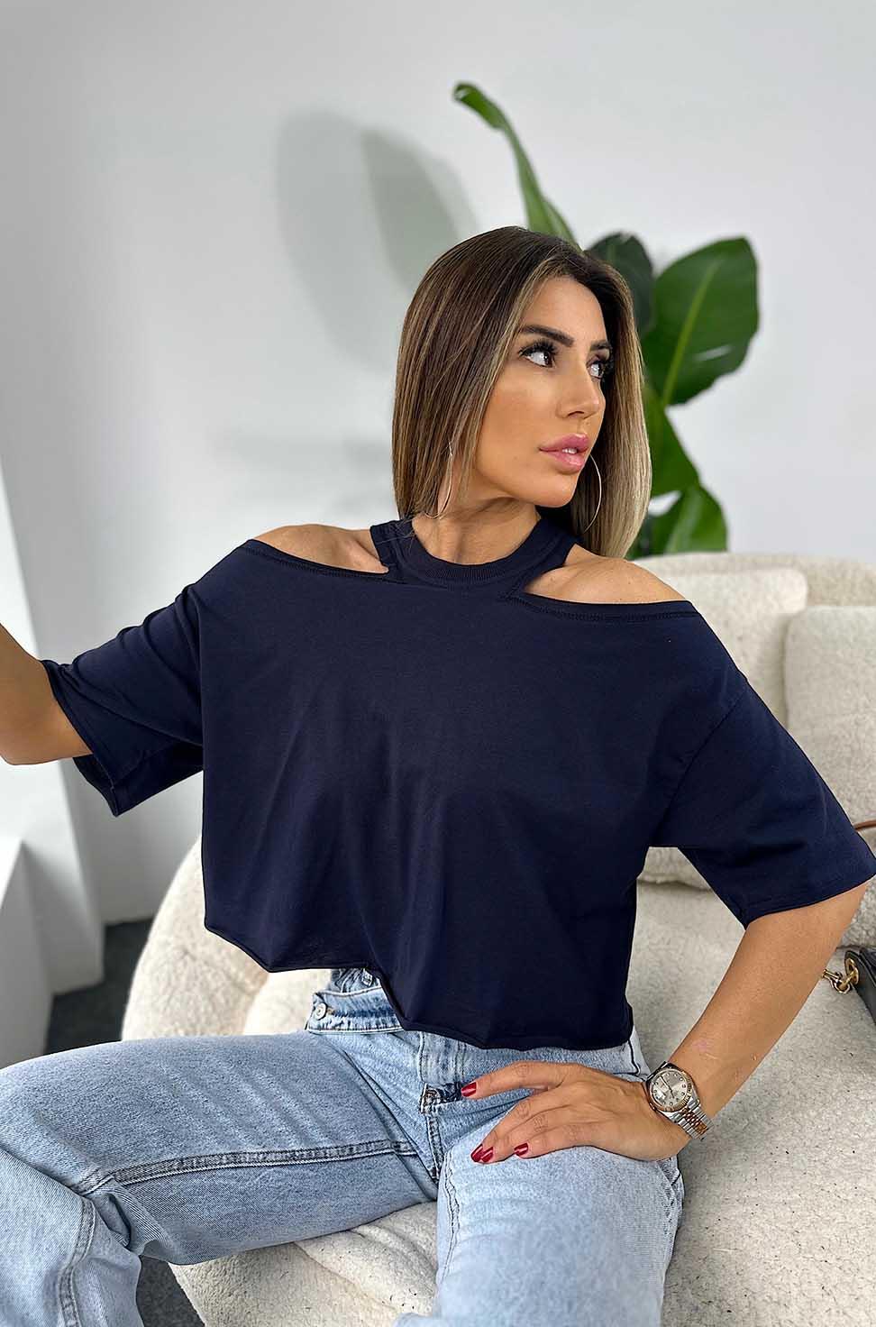Ultra Lüx Kalite Omuz Dekolteli Kısa Oversize Tişört Lacivert