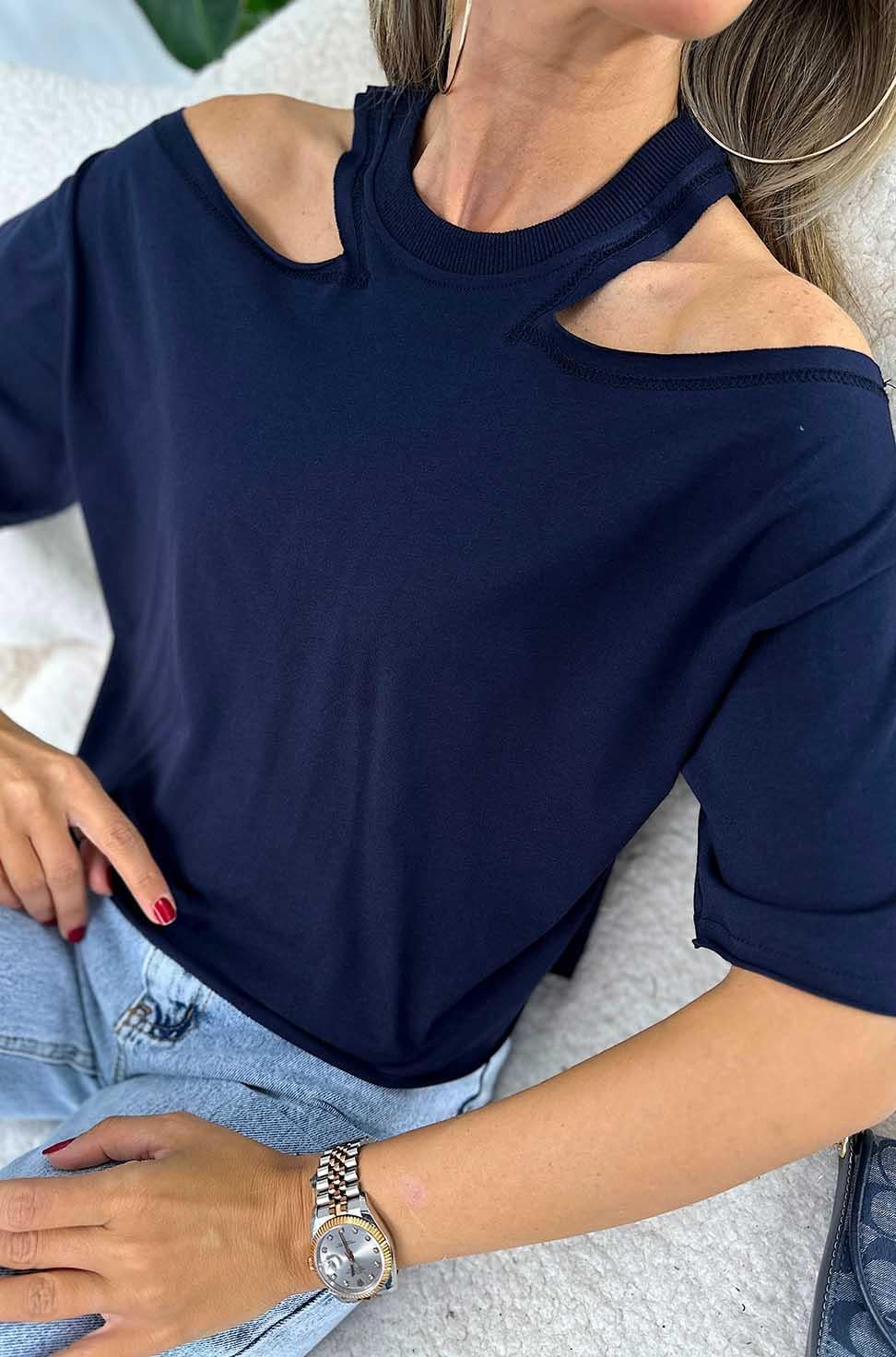 Ultra Lüx Kalite Omuz Dekolteli Kısa Oversize Tişört Lacivert