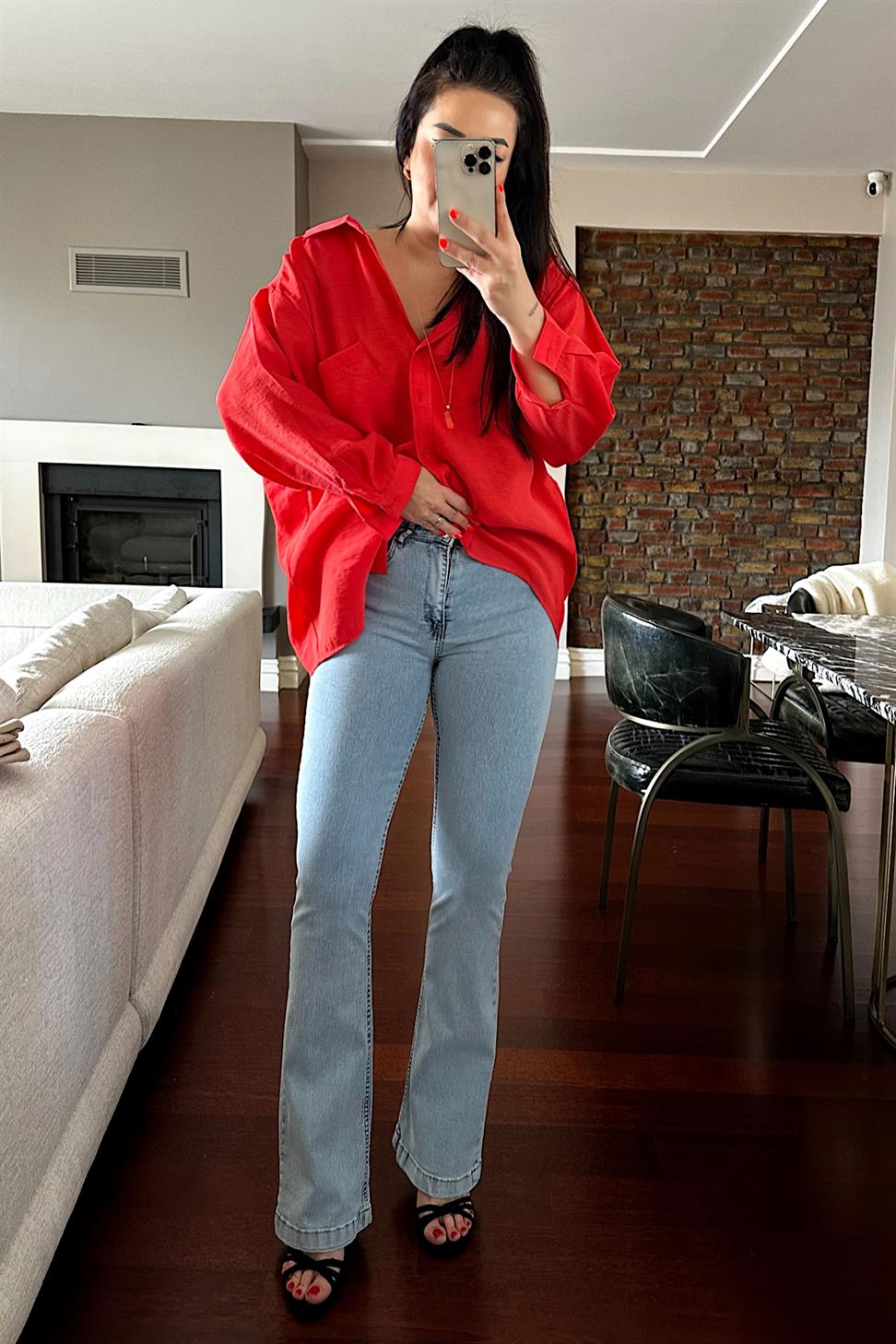 Ultra Yüksek Bel Full Likralı Yarı İspanyol Pantolon Açık Mavi